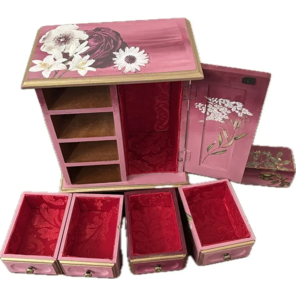 Upcycled Vintage Wooden Jewelry Box | Hand-Painted Dusty Pink & Maroon Ombre